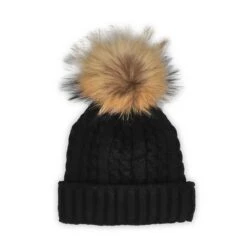 SoftMoc Women's Cable Stitch Hat With Fur Pom -Shoes Sale Shop HTEPH1 BLKFIN XXX 1